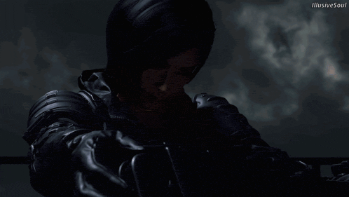 a woman in a black leather jacket is holding a gun in front of a cloudy sky that says illustrative soul