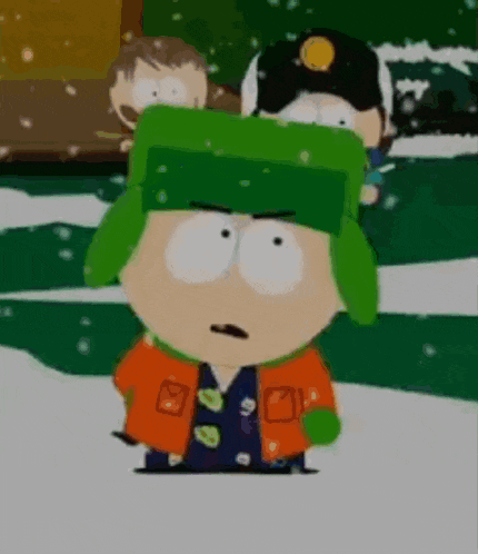 a cartoon character from south park is standing in the snow wearing an orange jacket .