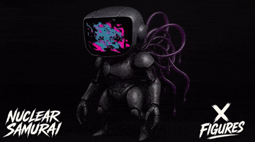 a nuclear samurai figure with purple tentacles is on a black background