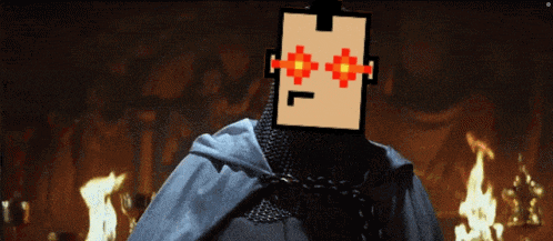 a pixelated image of a knight with red eyes and the letter l on his head