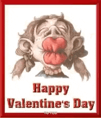 a happy valentine 's day greeting card with a cartoon of a woman making a heart with her lips .