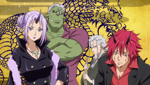a group of anime characters standing next to each other in front of a dragon
