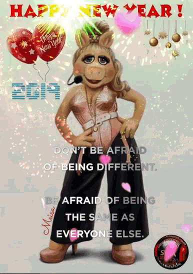 a picture of miss piggy with balloons that say happy new year on it