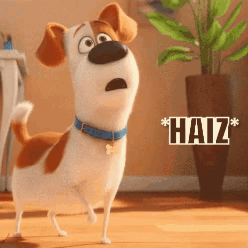 a cartoon dog with a blue collar is standing in front of a potted plant and says " haiz "
