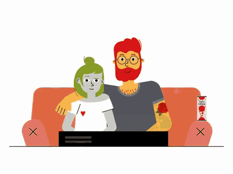 an illustration of a man and a woman sitting on a couch with the man holding a remote control
