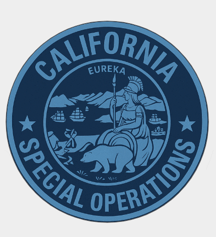 a california special operations logo with a woman holding a torch and a bear
