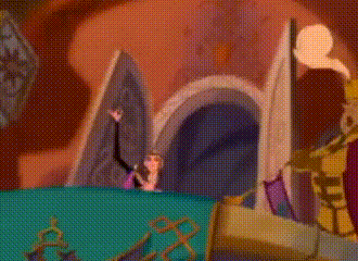 a cartoon scene with a woman holding a trumpet and a man standing in front of a building .