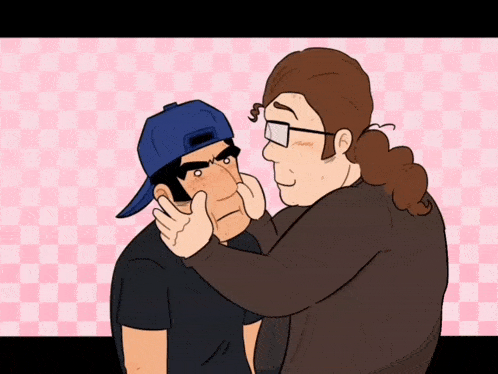 a cartoon of a man touching another man 's face with a pink checkered background