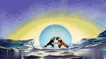 two cartoon characters are fighting in the water