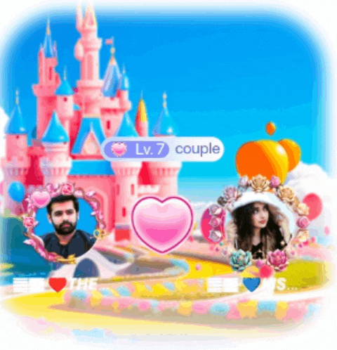a man and a woman are standing in front of a pink castle with a lv 7 couple sign