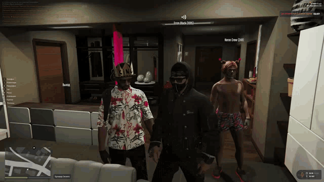 a screenshot of a video game shows a man wearing a mask and a shirt that says king on it
