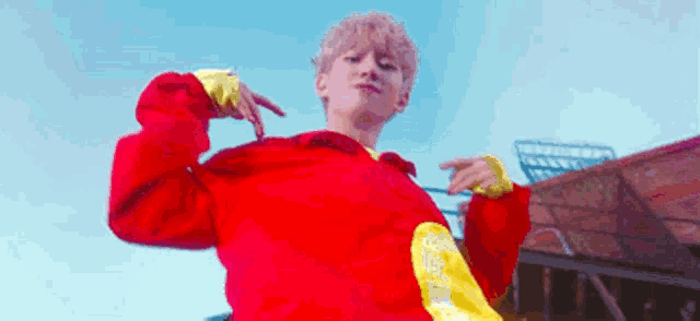 a young man in a red jacket and yellow gloves is standing in front of a blue sky .