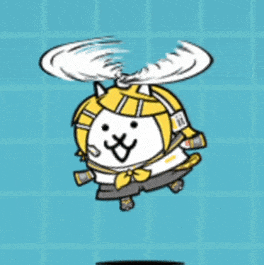 a cartoon of a cat wearing a yellow helmet flying through the air