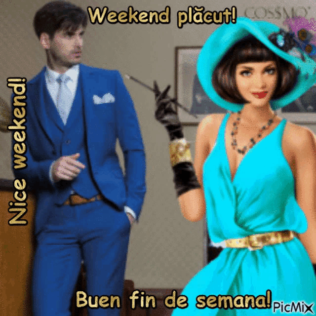 a man in a blue suit stands next to a woman in a blue dress who is wearing a blue hat and gloves