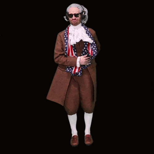 a man in a historical costume is wearing sunglasses and headphones