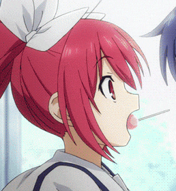 a girl with red hair is eating a lollipop from a stick