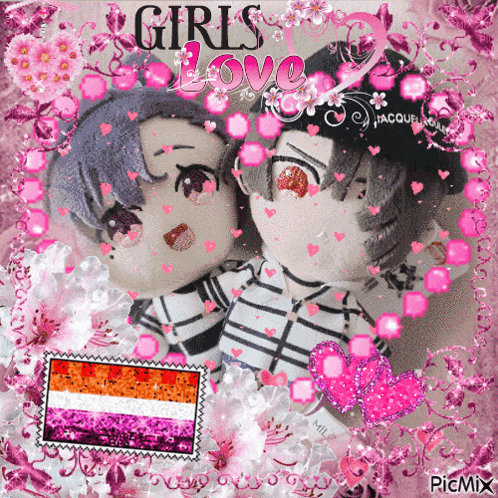 two stuffed dolls are surrounded by pink flowers and hearts and the words girls love