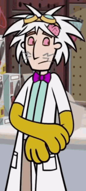 a cartoon character in a lab coat with a brain on his head