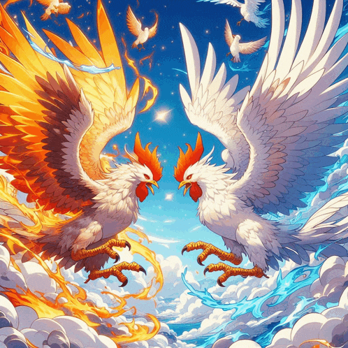 two roosters are standing next to each other in the clouds