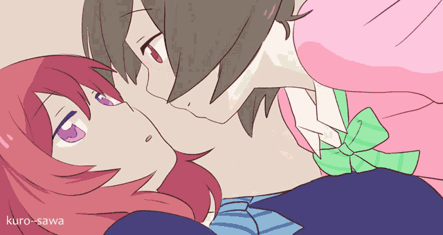 a drawing of a boy and girl kissing with kuro-sawa written on the bottom right