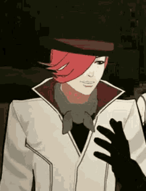 a man with red hair is wearing a white jacket and a black hat .