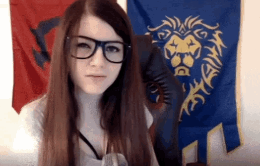 a woman wearing glasses is standing in front of a blue and red flag with a lion on it