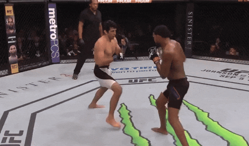 two men are fighting in a ufc ring with a metro post banner on the side