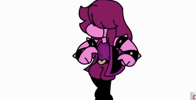 a cartoon of a girl with purple hair and a purple shirt is standing on a white background .