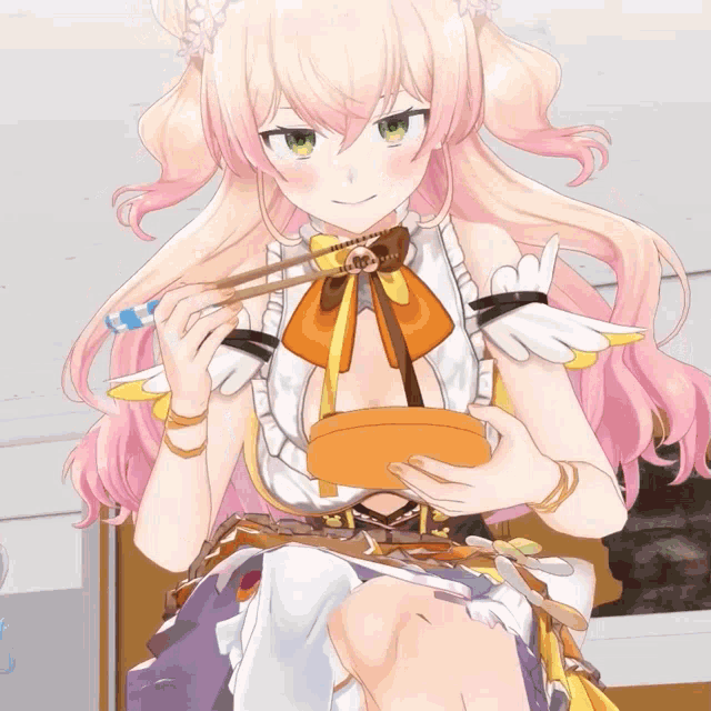 a pink haired anime girl is holding a container of food with chopsticks