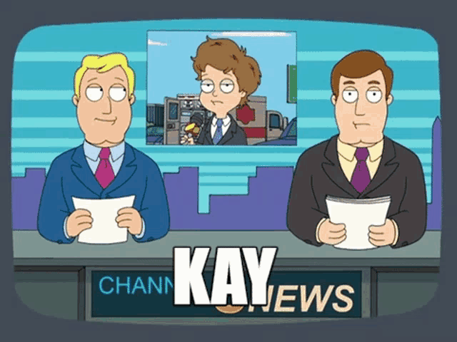 a cartoon of two news anchors with kay news in the corner