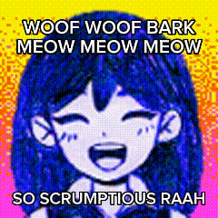 a cartoon girl with blue hair is laughing with the words woof woof bark meow meow meow so scrumptious raah