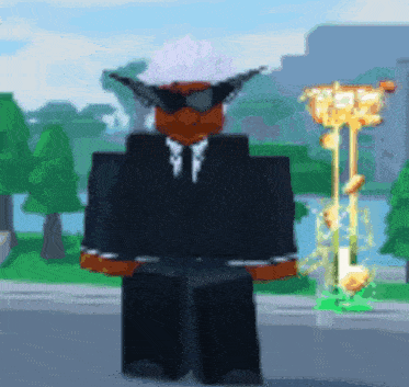 a cartoon character wearing a suit and tie is standing in front of a trophy
