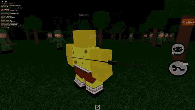 a spongebob squarepants character in a video game is standing in front of a group of soldiers .