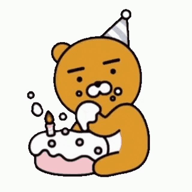 a brown teddy bear wearing a party hat is sitting next to a birthday cake .