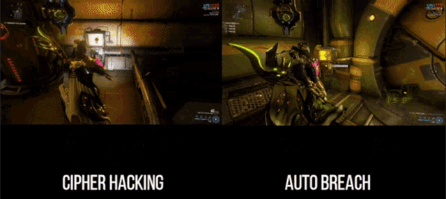 a screenshot of a video game with the words cipher hacking and auto breach at the bottom