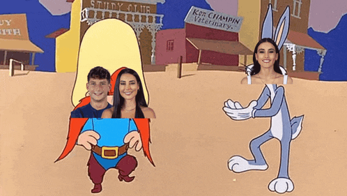 a man and a woman are standing next to bugs bunny in a cartoon