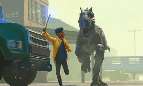 a boy is running away from a dinosaur while holding a gun in his hand .