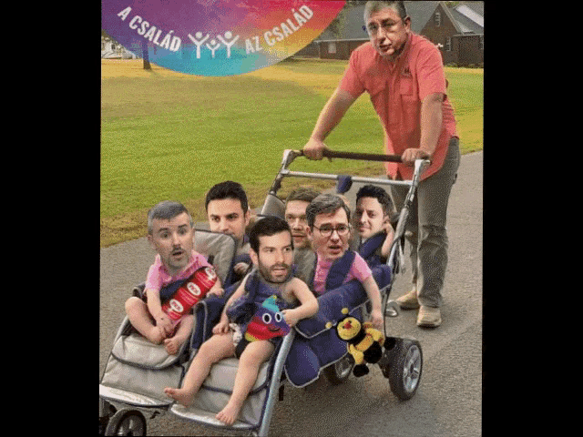 a man is pushing a stroller full of babies with a banner that says a család az család