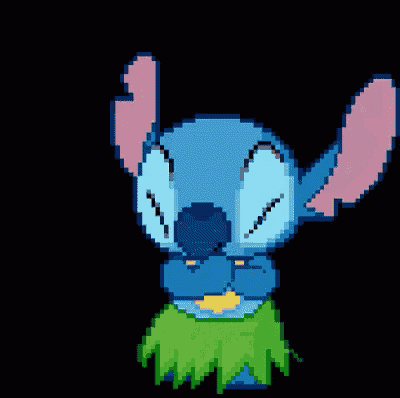 a pixel art of stitch wearing a hula skirt and necklace