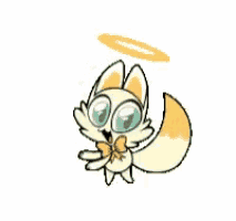 a cartoon cat with a halo around its head is flying in the air .
