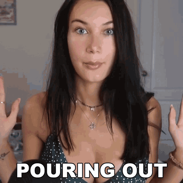a woman in a bikini with the word pouring out behind her