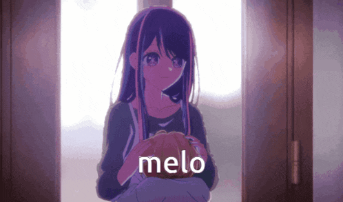 a girl with melo written on the bottom of her picture