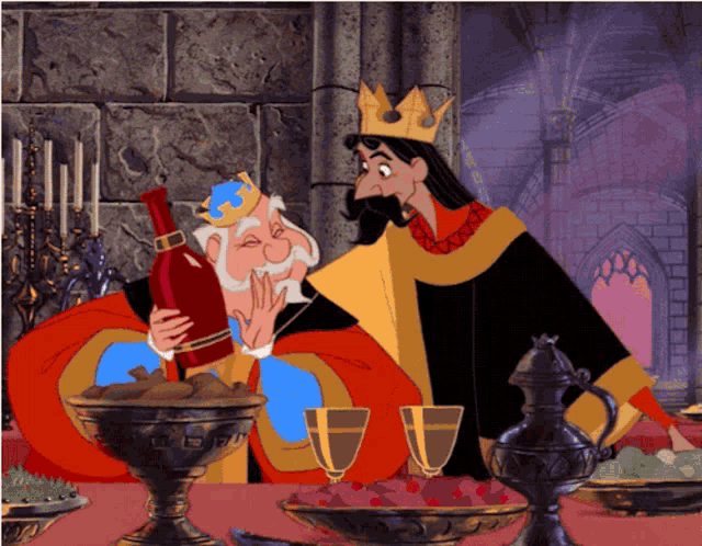 a cartoon of a king holding a bottle of wine next to another king