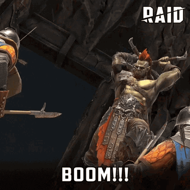 an advertisement for raid shows an orc holding a sword