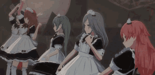 a group of anime girls wearing maid outfits