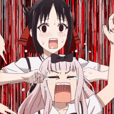 a girl with a bow on her head is screaming while another girl looks surprised