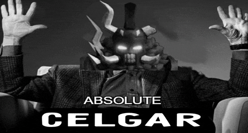a man in a suit is sitting in a chair with his hands in the air and the words " absolute celgar " below him