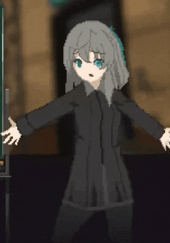 a pixel art drawing of a girl in a black coat