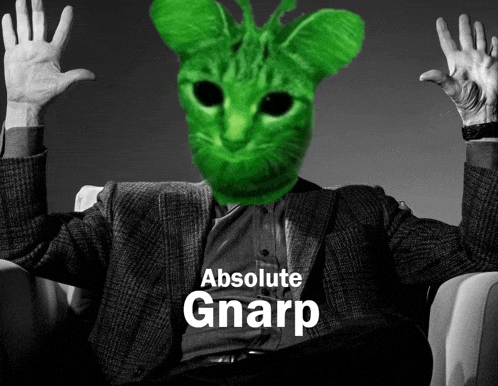 a man sitting in a chair with a green cat on his head and the words absolute gnarp above him