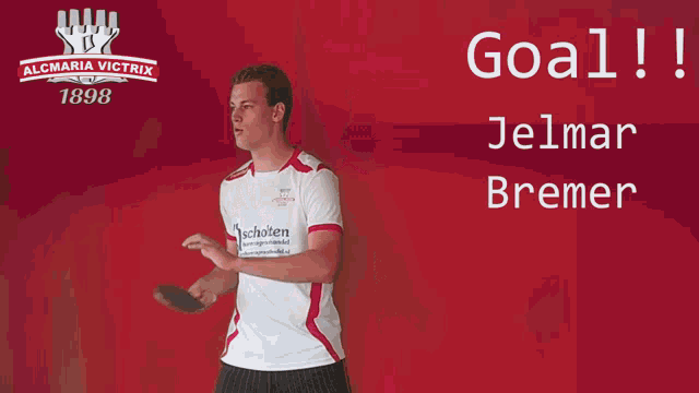a man in a white and pink shirt stands in front of a red background with the words goal jelmar bremer